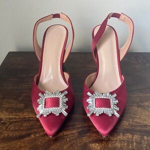Elegant Burgundy Satin Heels with Crystal Embellishments